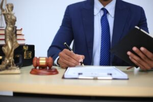 A lawyer reading time limit laws and giving advice in a tax office. The setting includes a law firm with a judge, legal advisor, and a lawyer working in an office.