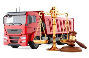 Tipper truck with a wooden gavel and scales of justice, 3D rendering isolated on a white background.