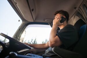 Truck driver using a smartphone while driving. Inexperience truck driver.