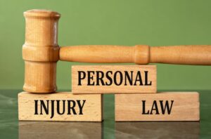 "Personal Injury Law" spelled out on wooden blocks, with a judge's gavel positioned in the background.