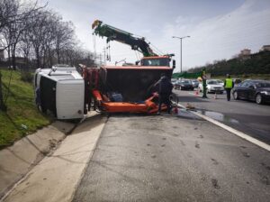 Rollover accident involving a truck on the highway.